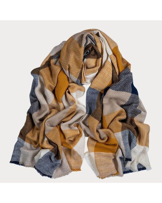 Black Brown Navy And Ochre Check Pashmina Cashmere Shawl