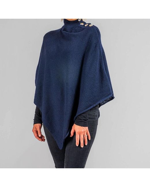 Black Accessories Blue High Neck Buttoned Cashmere Poncho