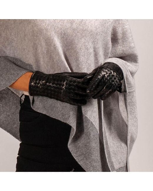 Black Accessories Blue Woven Cashmere Lined Leather Gloves