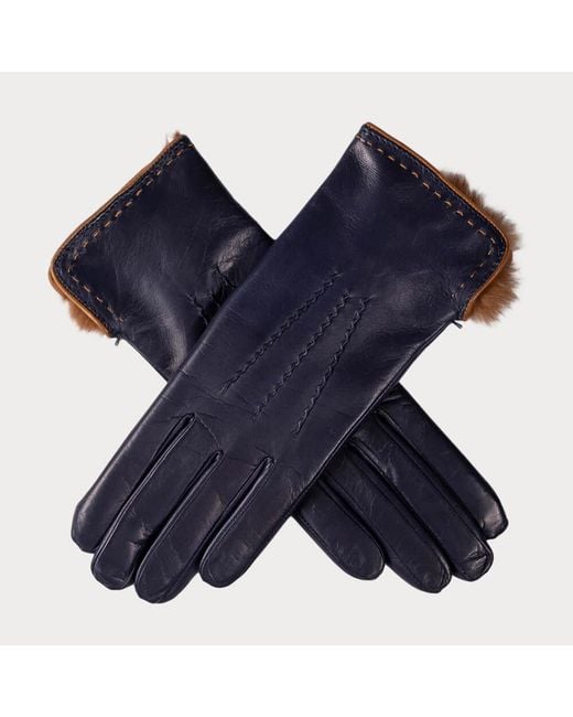 Black Blue Navy And Caramel Rabbit Fur Lined Leather Gloves