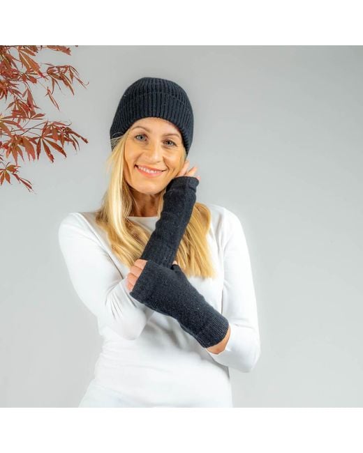 Black Accessories Blue Cashmere Beanie And Mittens Set