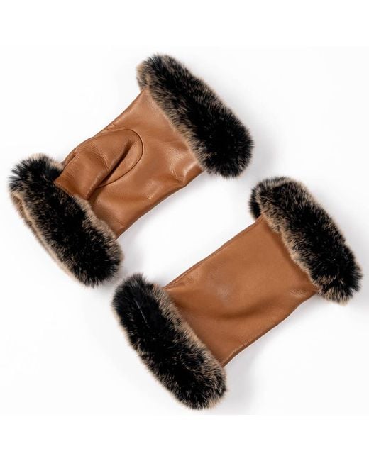 Black Accessories Black Camel Italian Leather Mittens With Rabbit Fur Cuffs Cashmere Lined