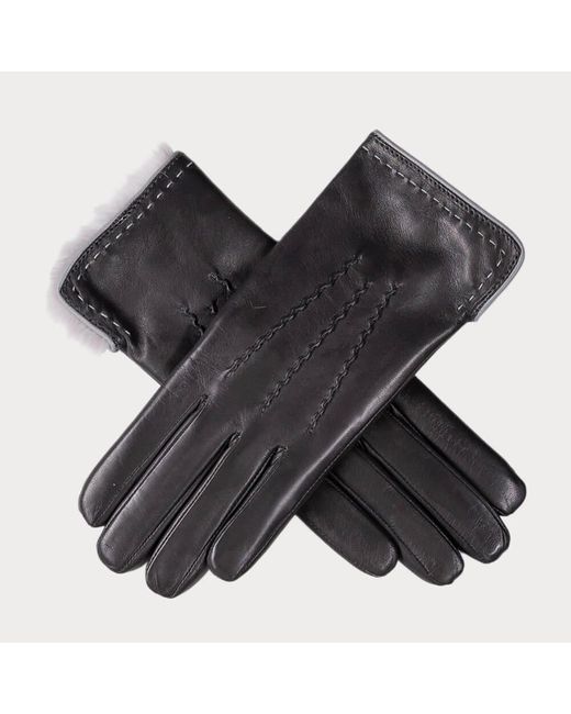 Black Black Pewter And Silver Grey Rabbit Fur Lined Leather Gloves