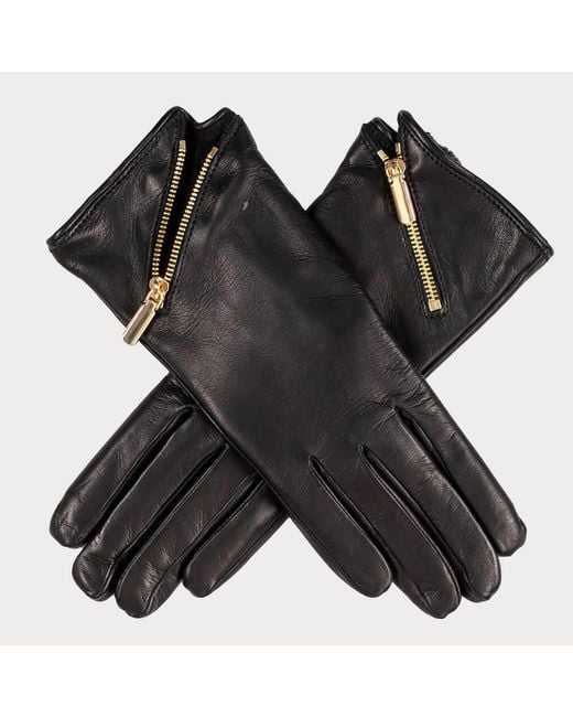 Black Accessories Black Ladies Rabbit Fur Lined Gloves With Zip