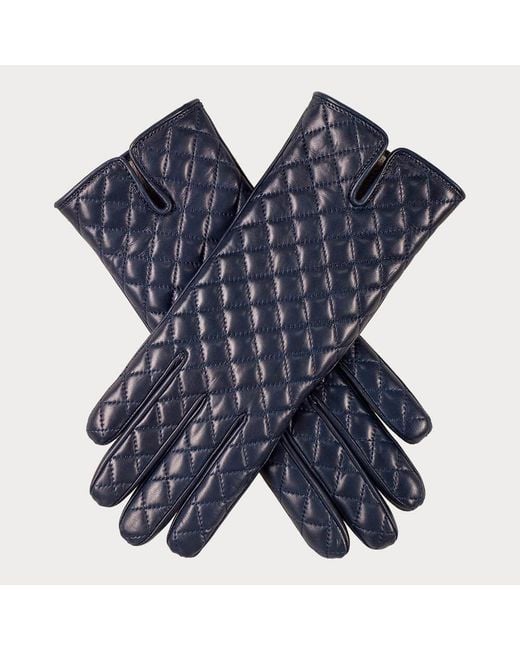 Black Accessories Blue Quilted Cashmere Lined Leather Gloves