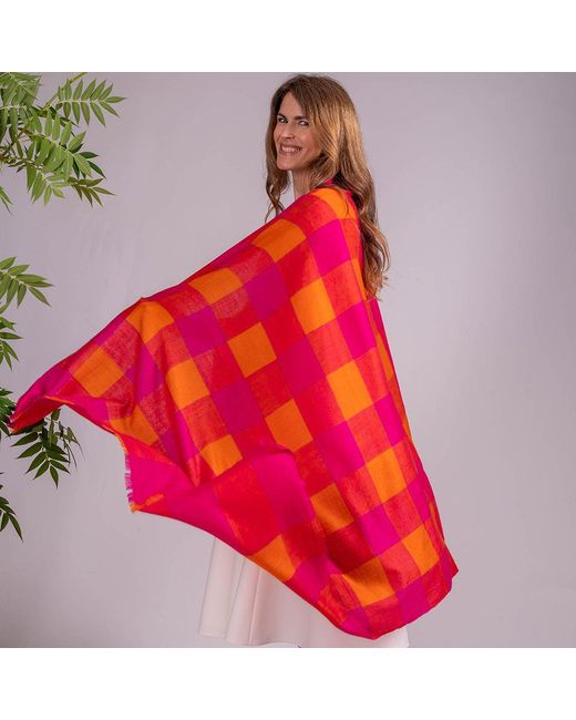 Black Red Hot Pink And Orange Hand Woven Check Cashmere Ring Shawl