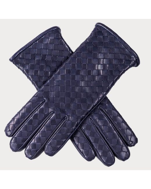 Black Navy Blue Woven Italian Leather Gloves - Cashmere Lined