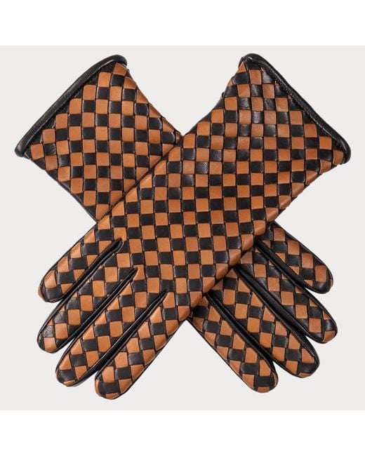 Black Accessories Brown And Camel Woven Leather Gloves