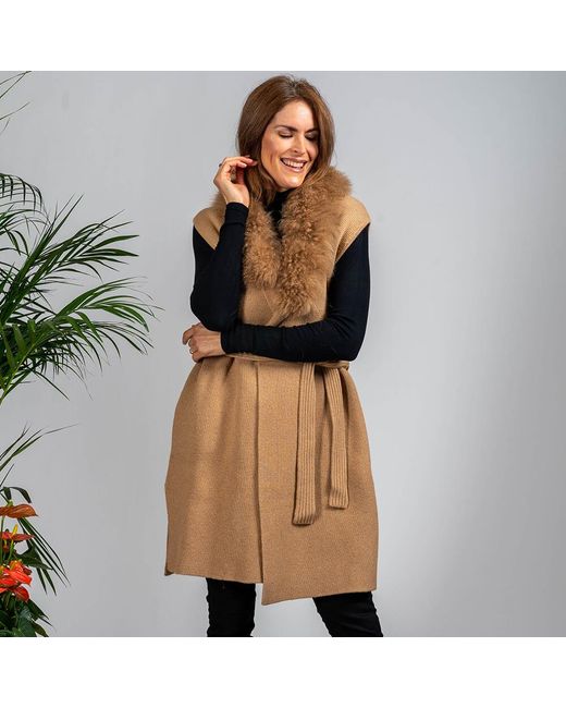 Black Accessories Natural Caramel Cashmere Blend Longline Gilet: Cashmere Fur Trim