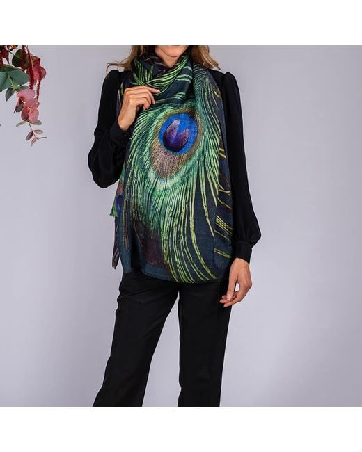 Black Accessories Multicolor Peacock Print Superfine Wool Wrap
