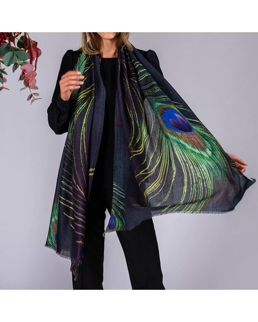 Black Accessories Multicolor Peacock Print Superfine Wool Wrap