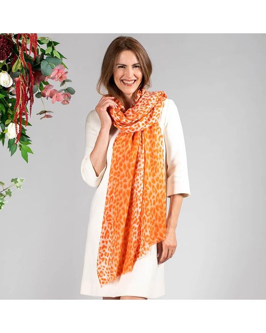 Black Orange Coral Leopard Print Cashmere And Silk Wrap
