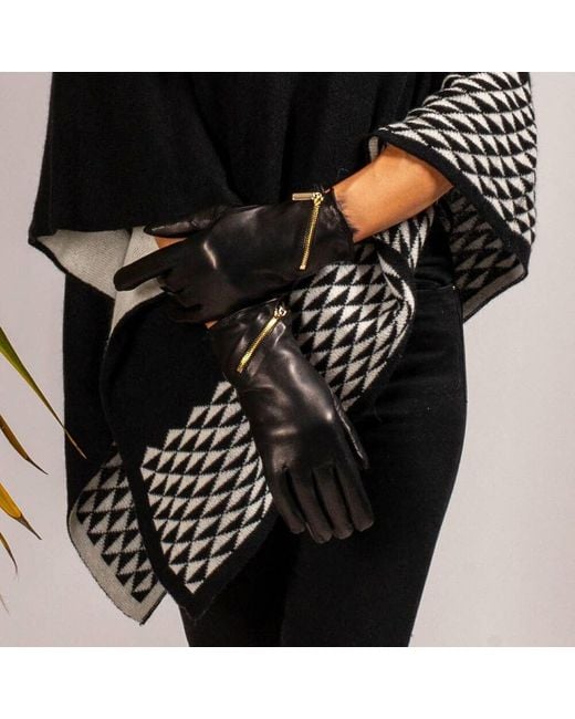 Black Accessories Black Ladies Rabbit Fur Lined Gloves With Zip