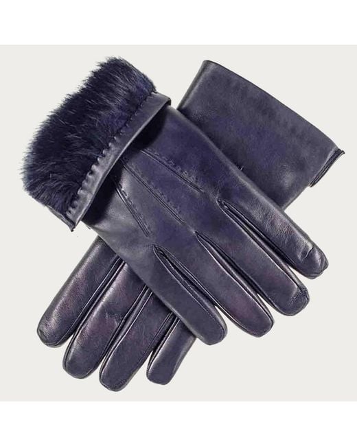 Black Accessories Blue Rabbit Fur Lined Leather Gloves