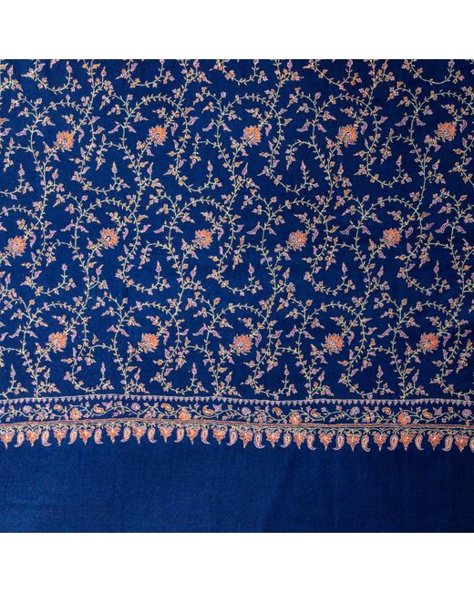 Black Blue Hand Embroidered Pashmina Cashmere Shawl - Navy Floral