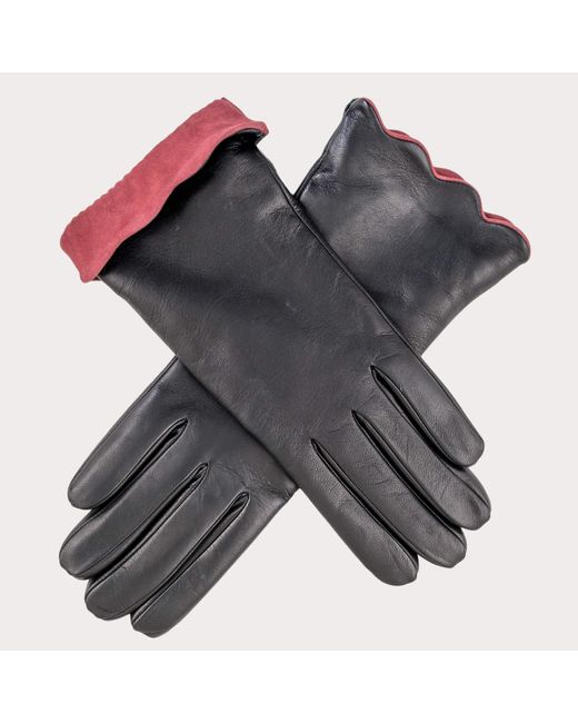 Black Accessories Gray Ladies' Scalloped Cuff Cashmere Lined Leather Gloves