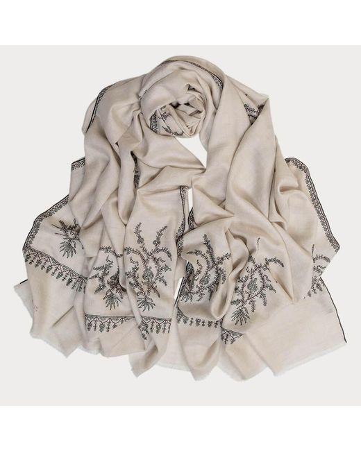 Black Brown Hand Embroidered Pashmina Cashmere Shawl - Ivory Floral