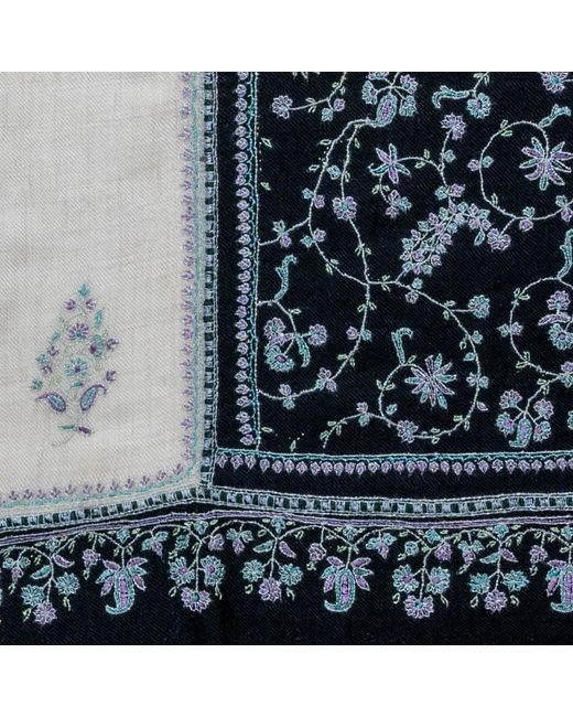 Black Blue Hand Embroidered Pashmina Cashmere Shawl - And Cream