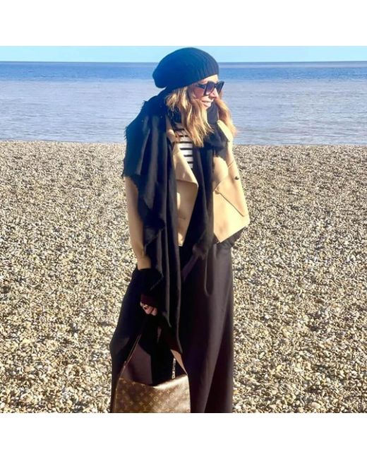 Black Accessories Blue Gossamer Cashmere Shawl And Rib Knit Slouch Beanie Set