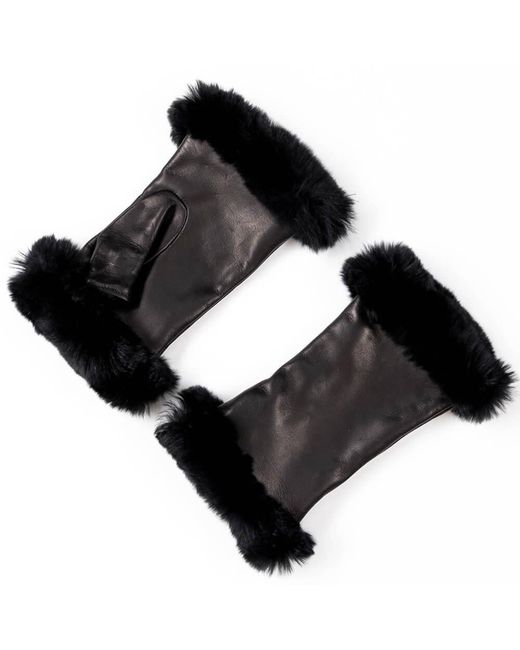 Black Accessories Black Italian Leather Mittens With Rabbit Fur Cuffs Cashmere Lined