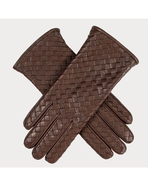 Black Accessories Brown Havana Woven Cashmere Lined Leather Gloves