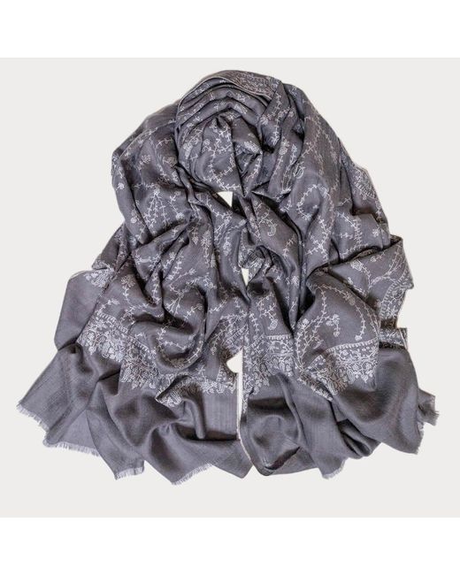 Black Gray Reserved: Hand Embroidered Pashmina Cashmere Shawl - Soft Grey & White