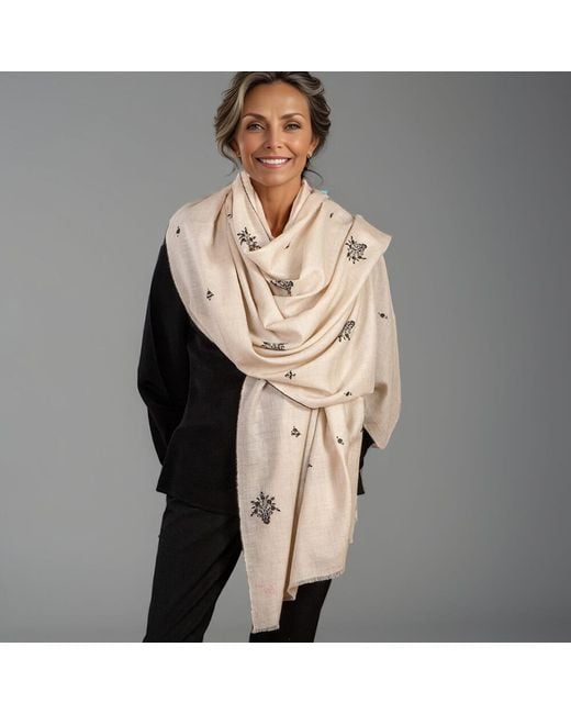 Black Accessories Natural Hand Embroidered Pashmina Shawl