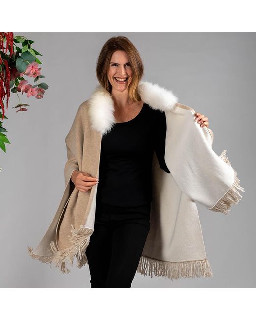 Black Natural Almond And Ivory Cashmere Cape With Cashmere Fur Trim