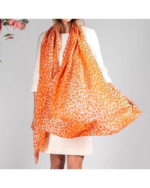 Black Orange Coral Leopard Print Cashmere And Silk Wrap