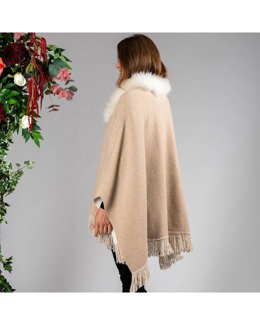 Black Natural Almond And Ivory Cashmere Cape With Cashmere Fur Trim