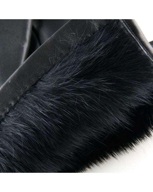 Black Accessories Black Leather Gloves With Rabbit Lining