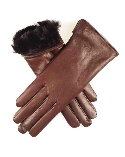 Black Ladies Brown Rabbit Fur Lined Leather Gloves