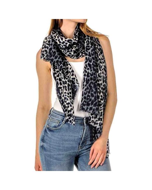 Black Navy Leopard Print Cashmere And Silk Scarf in Blue Lyst