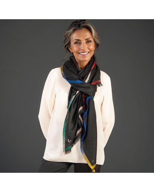 Black Accessories Multicolor Ikat Edged Pashmina Cashmere Shawl