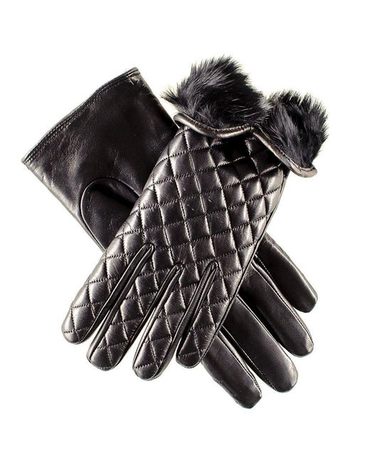 Black Black Rabbit Fur Lined Italian Quilted Leather Gloves