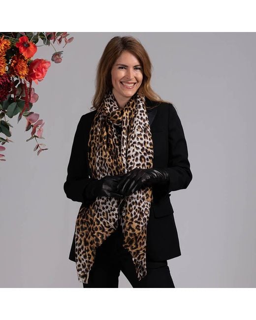 Black Accessories Black Leopard Print Cashmere & Silk Wrap & Fur Lined Leather Gloves
