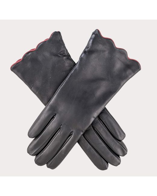 Black Accessories Gray Ladies' Scalloped Cuff Cashmere Lined Leather Gloves