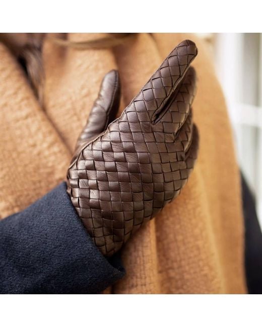Black Accessories Brown Havana Woven Cashmere Lined Leather Gloves