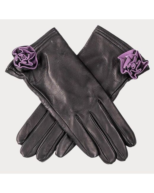 Black Black Ladies Leather Flower Gloves - Silk Lined
