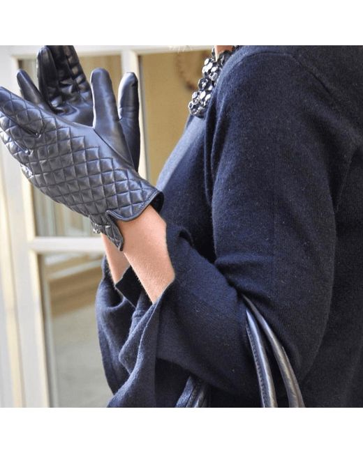Black Accessories Blue Quilted Cashmere Lined Leather Gloves