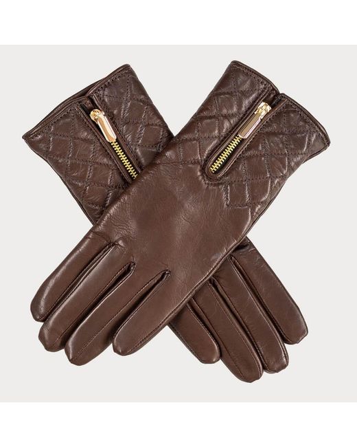 Black Accessories Brown Havana Quilted Leather Gloves With Cashmere Lining