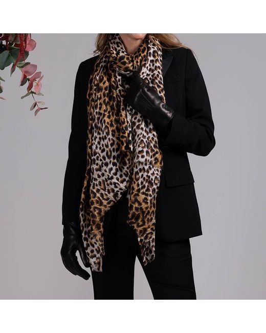 Black Accessories Black Leopard Print Cashmere & Silk Wrap & Fur Lined Leather Gloves
