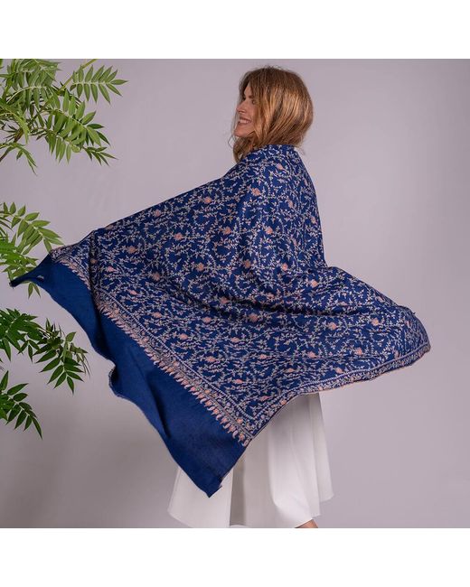 Black Blue Hand Embroidered Pashmina Cashmere Shawl - Navy Floral