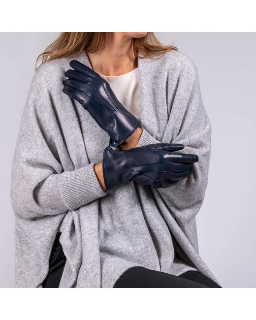 Black Accessories Blue Ladies Hand Stitched Cashmere Lined Leather Gloves