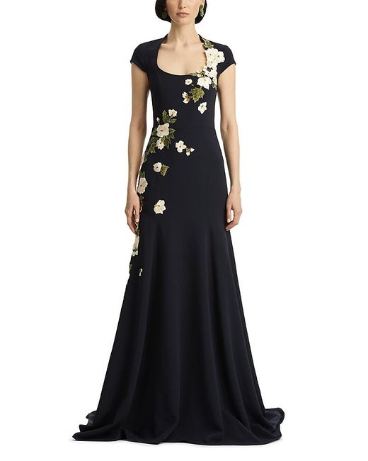 Oscar de la Renta Black Short Sleeve Embroidered Cherry Blossom Gown