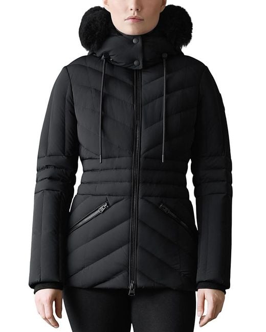 Mackage Black Hooded Down Jacket With Shearling Trim