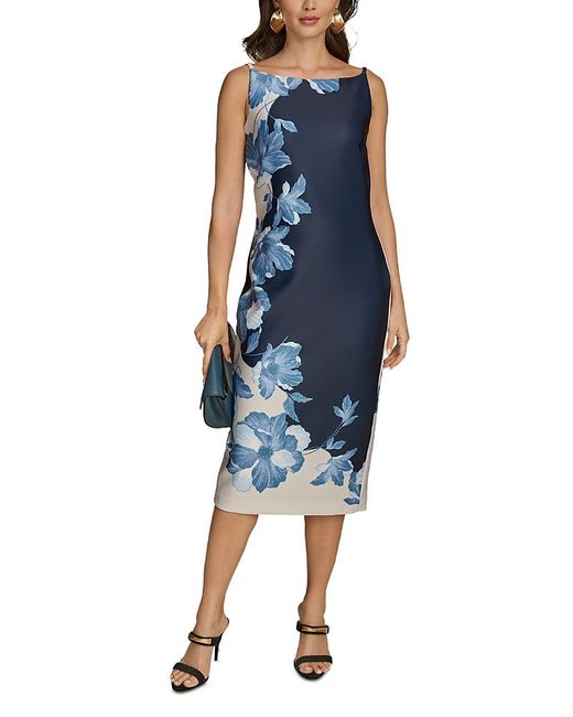 Donna Karan Blue Boat Neck Sleeveless Midi Dress