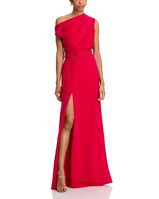 Black Halo Red Caprina Belted Asymmetric Off Shoulder Gown