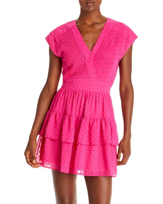 Aqua Cashmere V - Neck Swiss Dot Ruffled Dress in Hot Pink (Pink) | Lyst