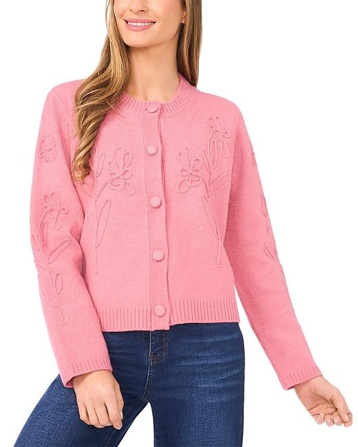 Cece Red Floral Embroidery Cardigan Sweater